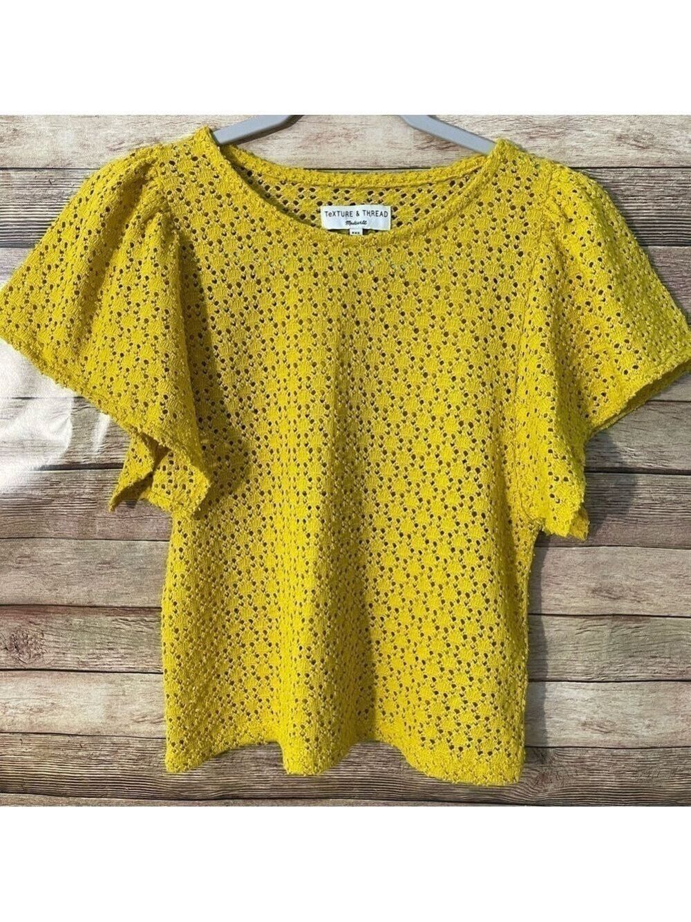 Madewell Texture & Thread Eyelet Flutter Sleeve Mustard Yellow Shirt Size: XXS